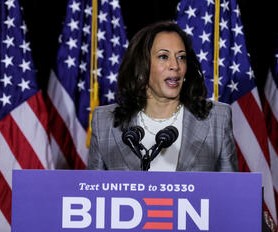 Democratic U.S. vice presidential candidate Kamala Harris speaks to reporters after receiving a briefing on the coronavirus disease (COVID-19) pandemic from public health experts during a campaign event in Wilmington, Delaware, U.S., August 13, 2020. REUTERS/Carlos Barria